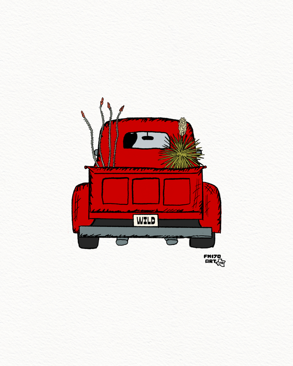 Red truck carrying Desert plants Print
