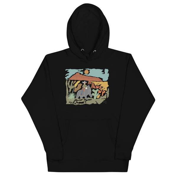 Big Bend NP: Cowboy riding on a Black Bear Unisex Hoodie