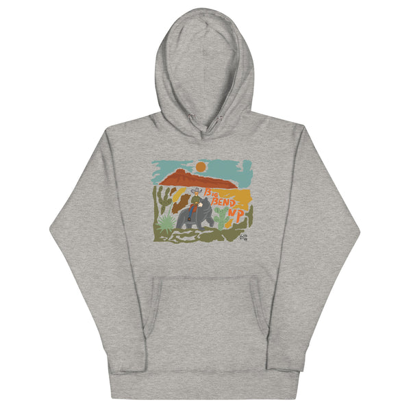 Big Bend NP: Cowboy riding on a Black Bear Unisex Hoodie