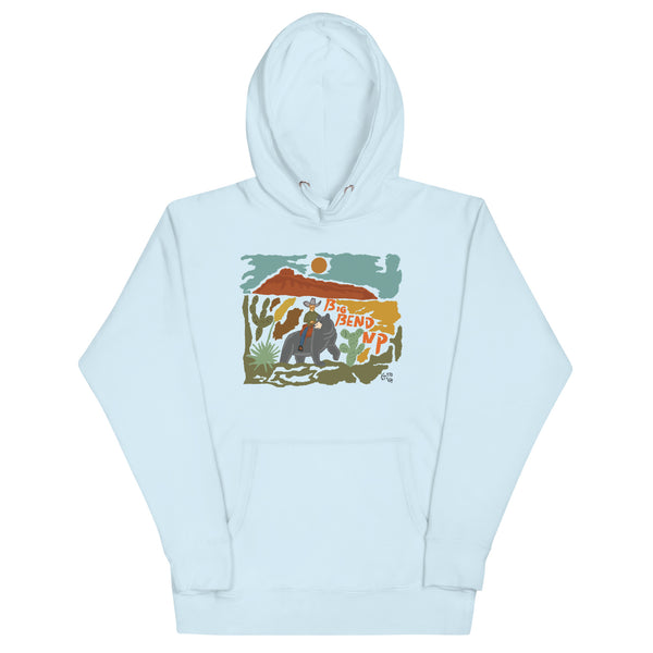 Big Bend NP: Cowboy riding on a Black Bear Unisex Hoodie